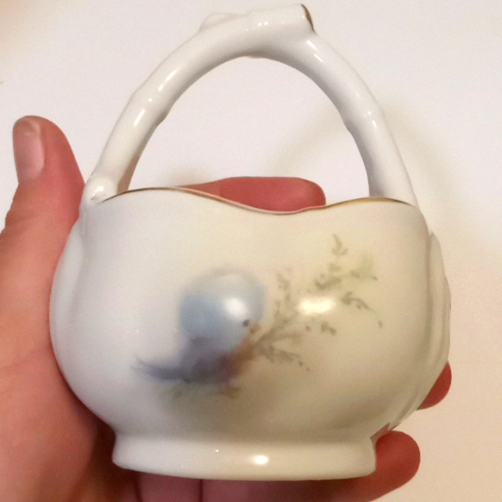 Adorable Fine Porcelain Trinket Bird Basket